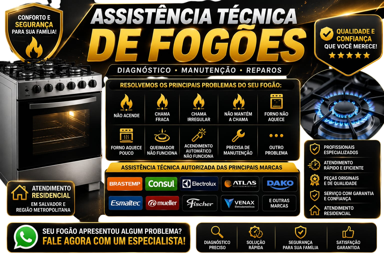 Assistência técnica de fogões — diagnóstico, manutenção e reparos nas principais marcas