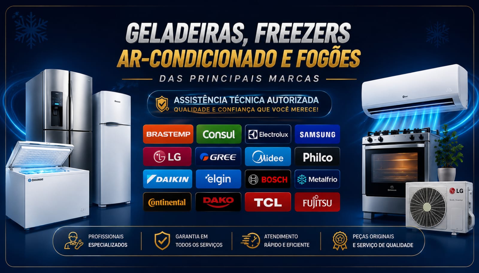 Assistência técnica autorizada de geladeiras, freezers, ar-condicionado e fogões das principais marcas