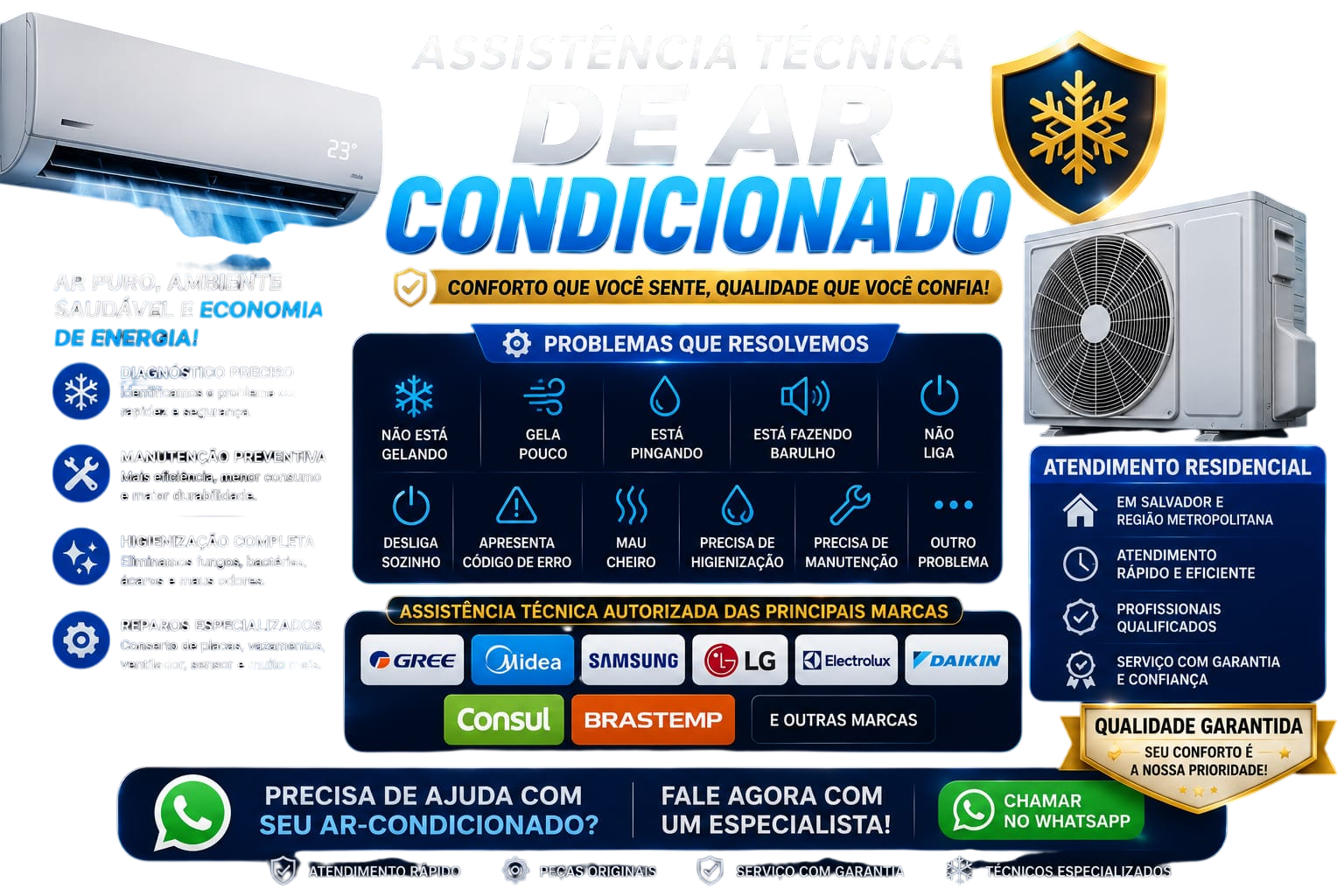 Assistência técnica de ar-condicionado — diagnóstico, manutenção, reparo e higienização nas principais marcas